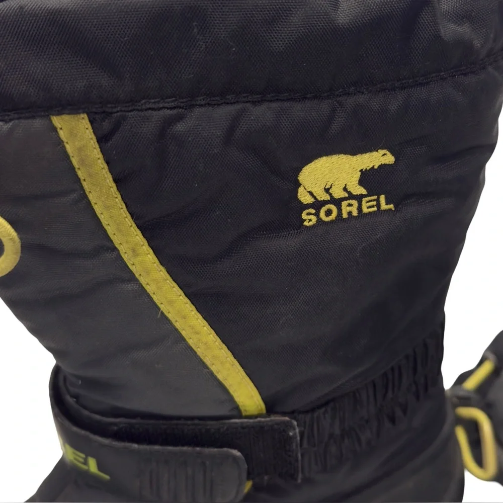 Sorel Kids Flurry Snow Boots Black & Chartreuse Waterproof & Insulated Sz 13
